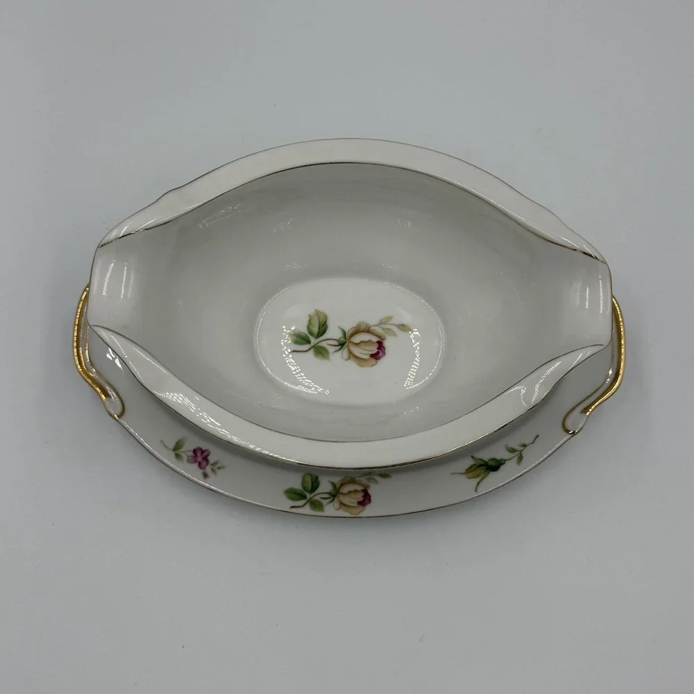 Vintage Lynmore Golden Rose Fine China Gravy Boat With Attached Plate